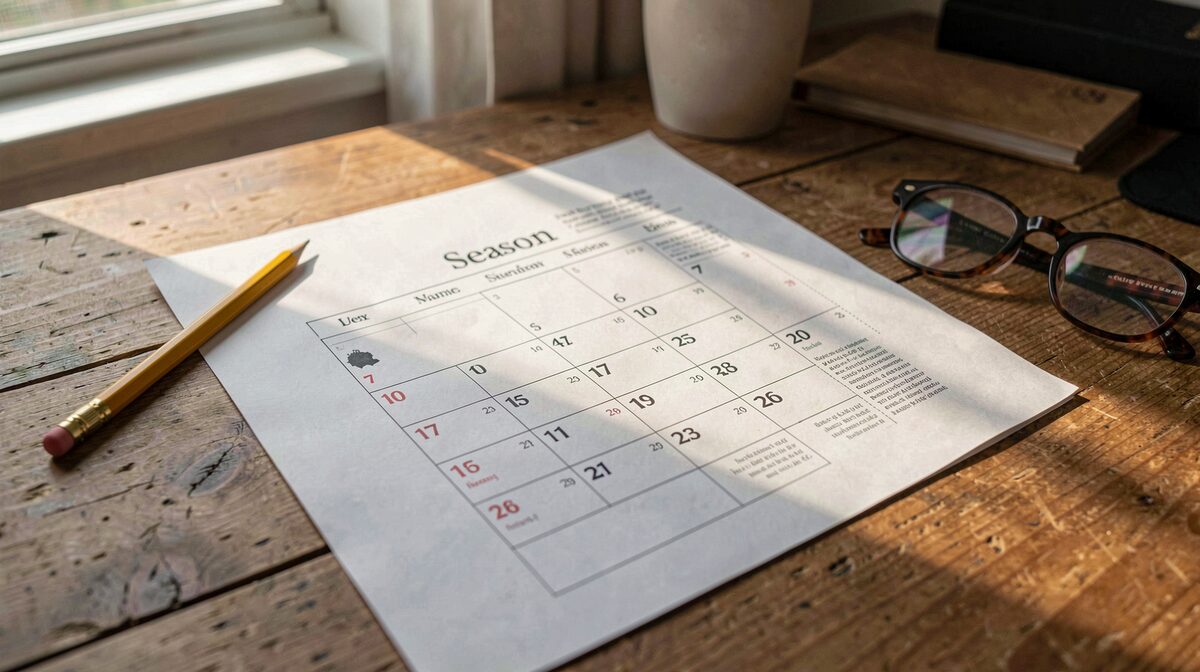 A printed season calendar on a wooden desk beside a pencil and a pair of reading glasses, late afternoon window light falling across the date column, shot from slightly above.