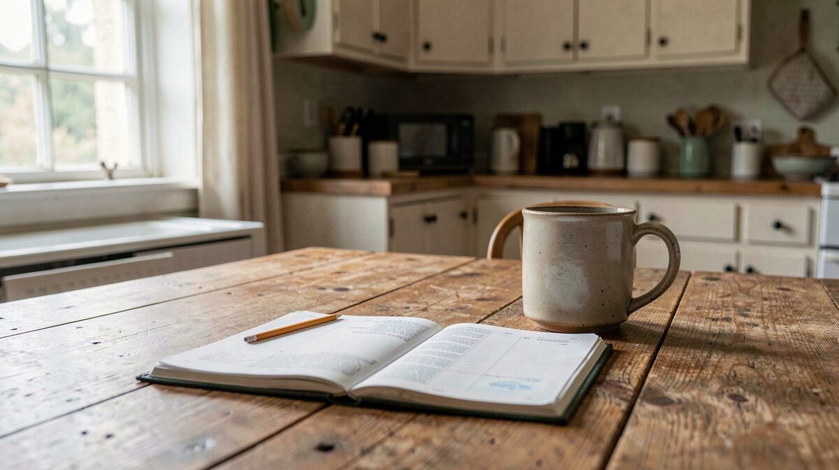 A weekday kitchen table in a modest parsonage study, morning light from a window on an open lectionary sheet, a pencil and a mug beside it, shot straight on at table height.