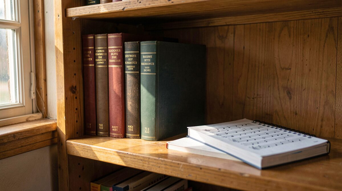 A wooden parish resource shelf in a small church office, three hymnals standing upright beside a shape note book and a spiral notebook, late afternoon light from a side window falling across the spines.