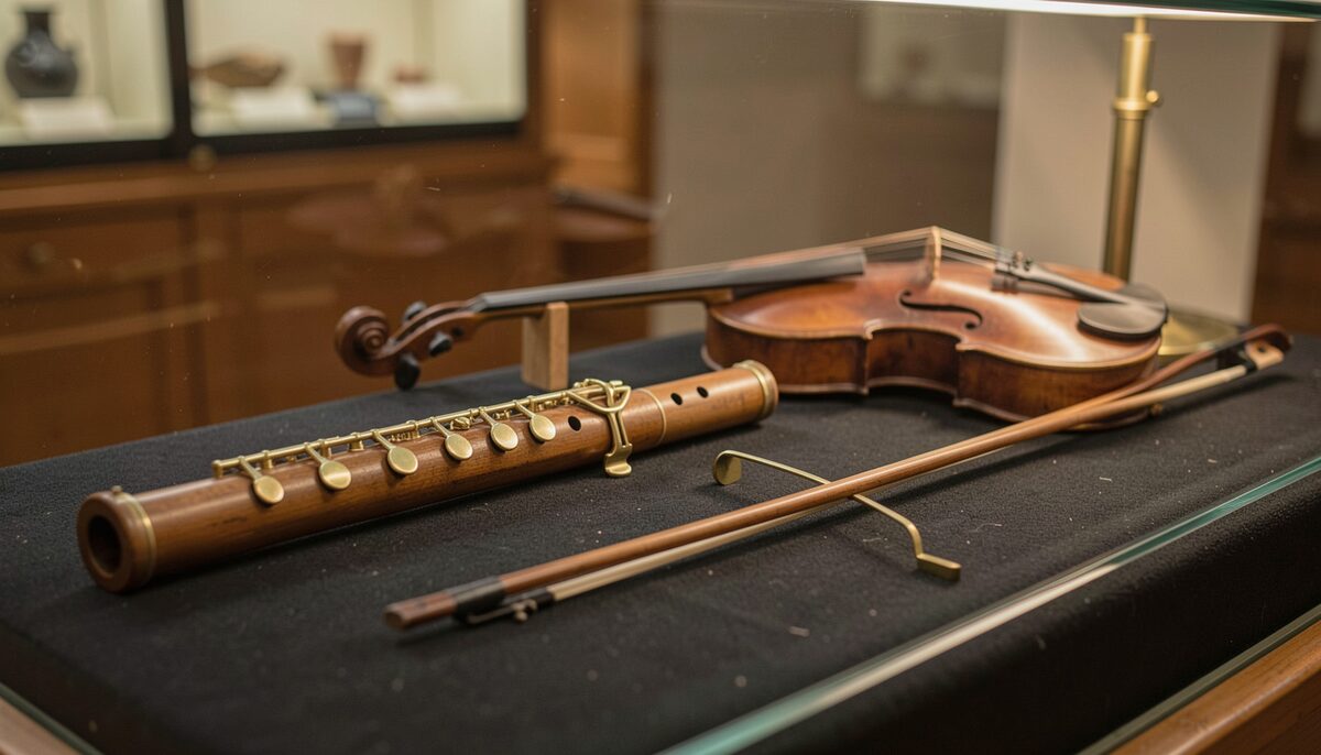 A wooden flute with brass keys lying on a felt-covered table beside a fiddle with its bow, museum cabinet light, no labels visible.