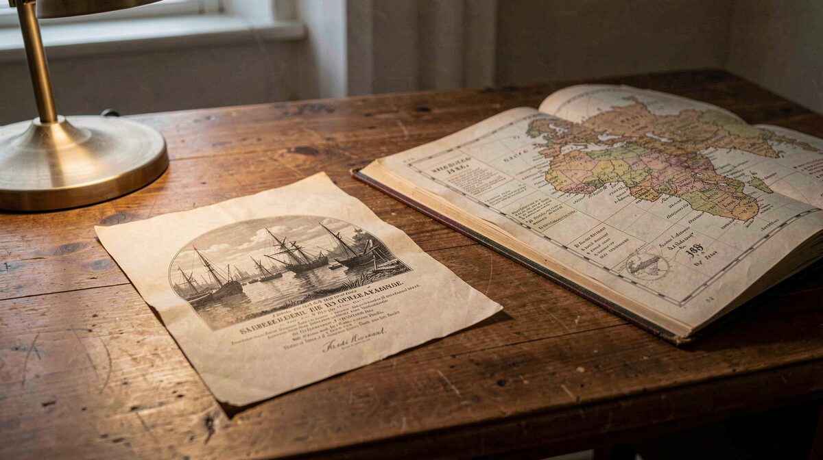A single 1840s songsheet lying flat on a reading room table, its engraved cover showing a harbour scene, beside an open atlas of the same decade, lit by a low angled lamp from the left.