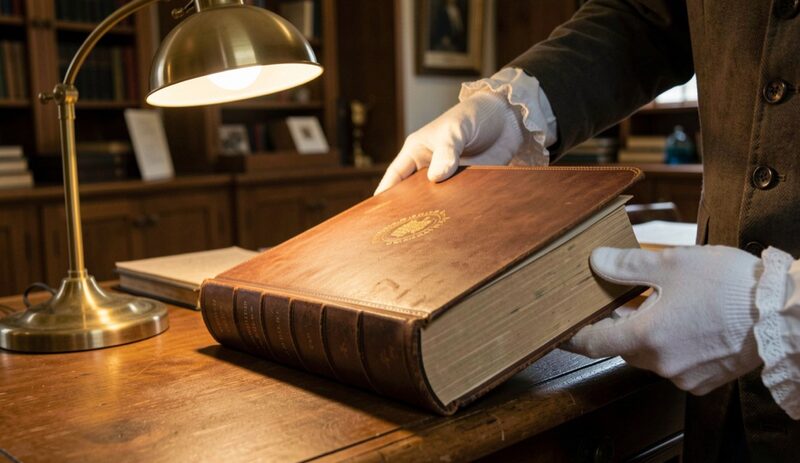 An archivist's white-gloved hand lifting a large leather-bound volume on a reading room table, brass lamp glowing, page edges seen side-on