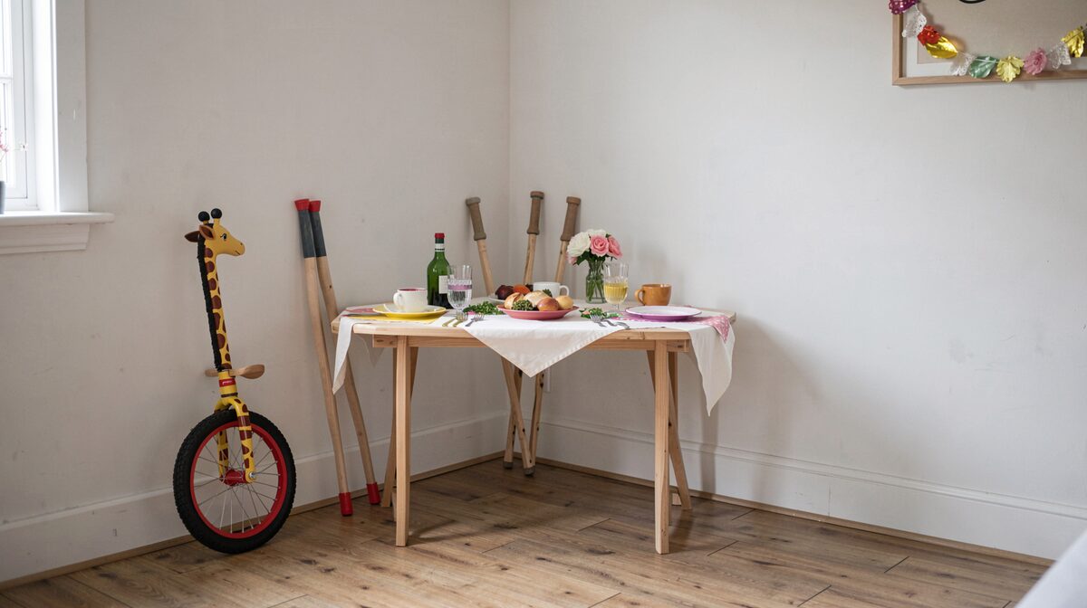 A party hall corner photographed in daylight: a small trick table laid with props in order, a giraffe unicycle and stilts leaning against the wall, framed square from standing height.