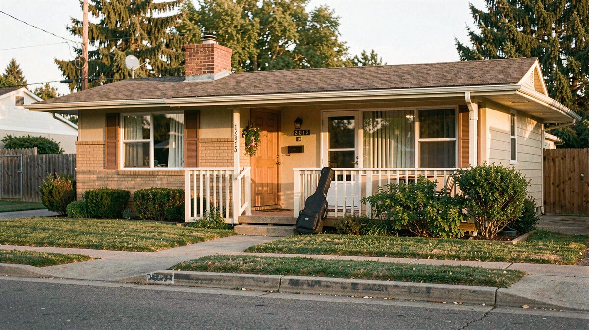 A modest 1970s ranch house with a guitar case resting against the front porch railing, late afternoon light, wide shot from the curb.