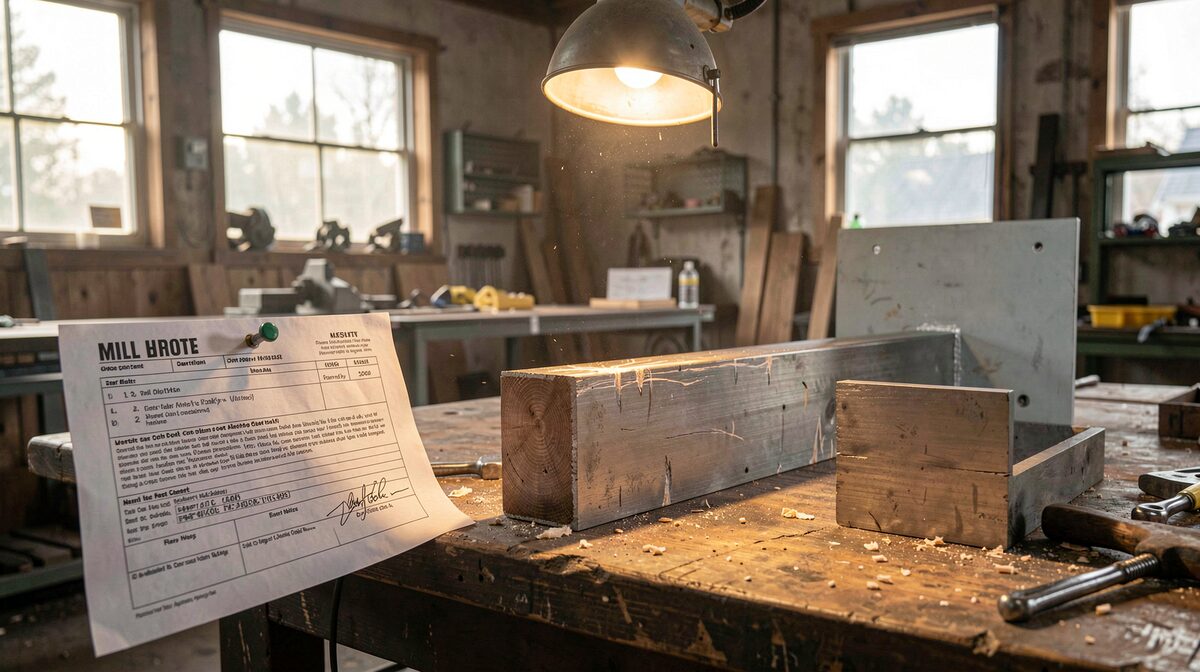 A fabrication bench in a New England steel shop at morning, a mill certificate sheet pinned beside a plasma-cut beam flange, overhead work light raking across fresh cut edges.